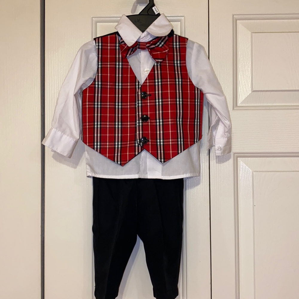 Andrew Fezza Red Plaid 4 Piece Infant Dress Suit with Tie